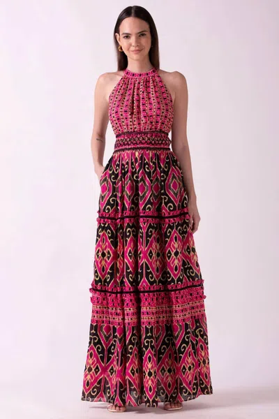 Ash & Eden Larysa Ruffled Tiered Dress In Pink /black/tan Print In Multi