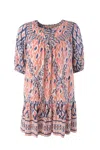 Ash & Eden Sahiba Tiered Mini Dress With Bubble Sleeves In Blue/white/pink