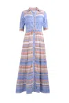 Ash & Eden Women's Blue / Yellow / Orange Favia - Tiered Maxi Dress With Collar & Tie Up Belt In Blue/yellow/orange