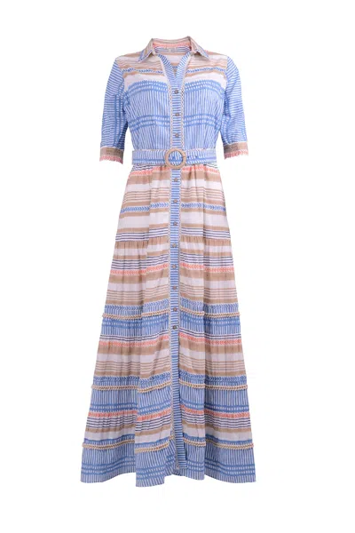 Ash & Eden Women's Blue / Yellow / Orange Favia - Tiered Maxi Dress With Collar & Tie Up Belt In Blue/yellow/orange