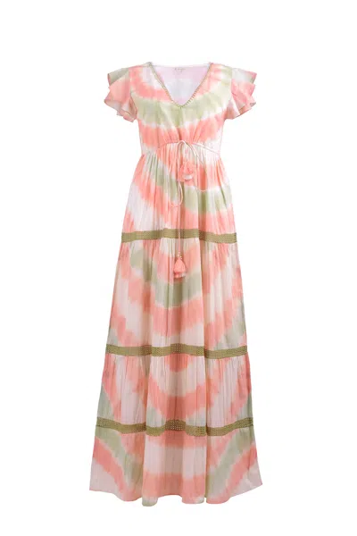 Ash & Eden Women's Green / Pink / Purple Lorena - Tiered Maxi Dress With Fringe Inserts & Flutter Sleeves In Green/pink/purple