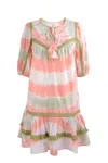 Ash & Eden Women's Green / Pink / Purple Sahiba - Tiered Mini Dress With Bubble Sleeves In Green/pink/purple