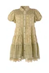 ASH & EDEN WOMEN'S GREEN ZINNIA - BEIGE MINI SHIRT DRESS WITH PUFF SLEEVE