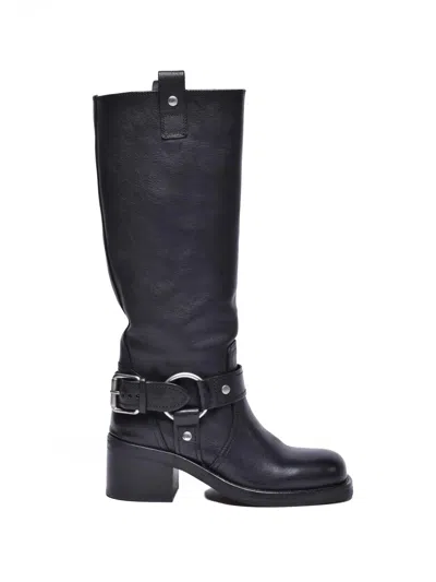 Ash Black Leather Rubber Women's Biker Boots