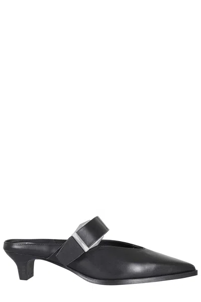 Ash Black Tessa Buckled Wooden-heel Leather Mules In Gray
