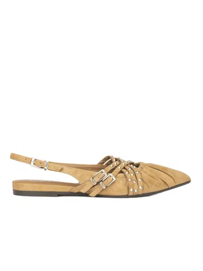 Ash Brown Flat Sandals With Pleated Leather Upper And Metallic Accents In Multi