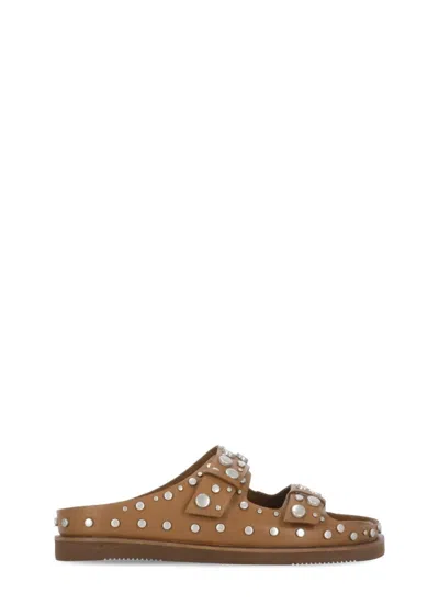 Ash Ultra Tan Leather Studded Two Bar Mules In Brown
