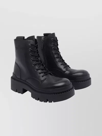 Ash Chunky Sole Lace-up Leather Ankle Boots In Black