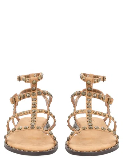 Ash Embellished Strappy Flat Sandals In Beige