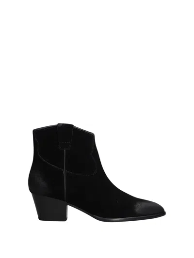 Ash Fame Pointed Toe Low Block Heel Leather Boots In Black