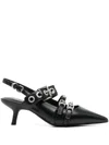 Ash Pointed-toe Slingback Heels With Metallic Eyelets And Studs In Black