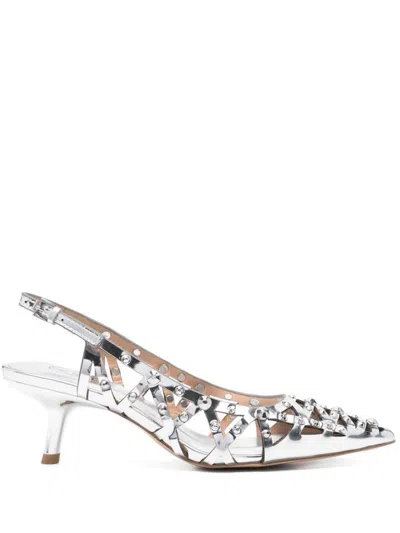 Ash Crisscross Slingback Low-heeled Shoes With Decorative Studs In Silver