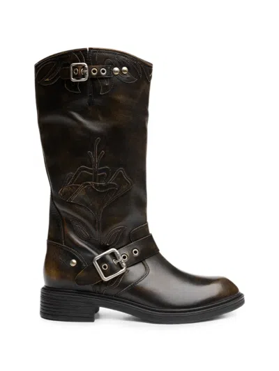 Ash Flax Embroidered Buckle-strap Boots In Brown