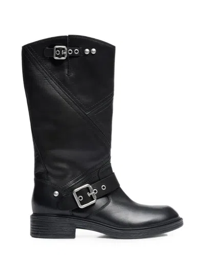 Ash Fuchsia Buckled Leather Biker Boots In Black