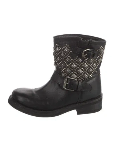 Pre-owned Ash Leather Crystal Embellishments Moto Boots In Black
