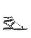 Ash Ankle Strap Leather Flat Sandals With Studs In Black