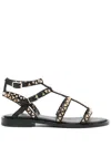 Ash Ankle Strap Leather Flat Sandals With Studs In Black
