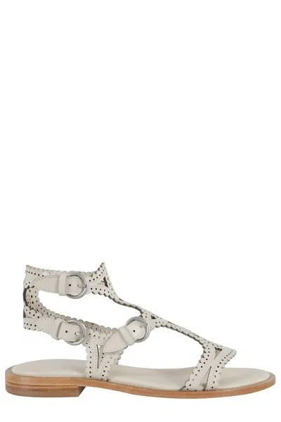 Ash Round Toe Leather Sandals With Perforated Design In White