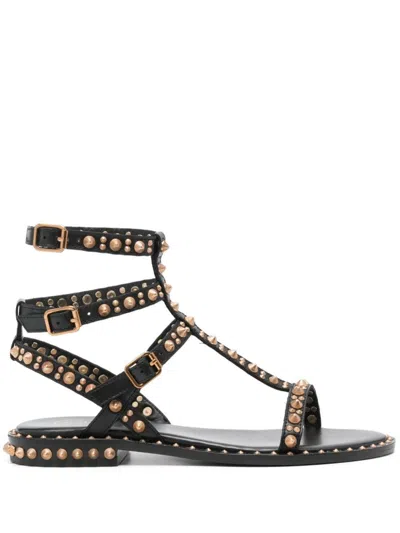 Ash Pepper Studded Leather Sandals In Black