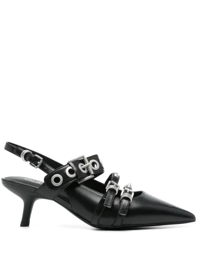 Ash Pointed-toe Slingback Heels With Metallic Eyelets And Studs In Black