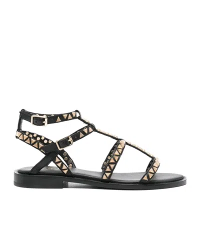 Ash Ankle Strap Leather Flat Sandals With Studs In Black