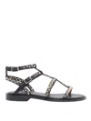 Ash Ankle Strap Leather Flat Sandals With Studs In Black