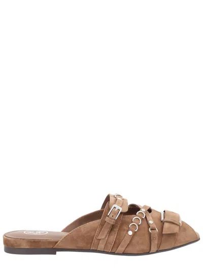 Ash Buckled Suede Slides In Neutral