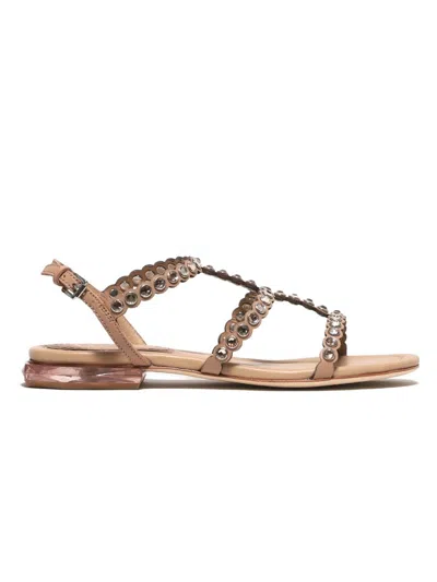 Ash Saphir Model Sandal In Beige Leather Embellished With Gems In Multi