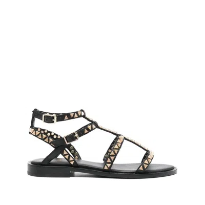 Ash Ankle Strap Leather Flat Sandals With Studs In Black