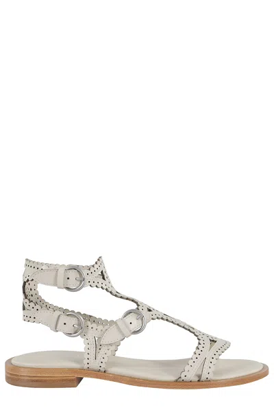 Ash Round Toe Leather Sandals With Perforated Design In White