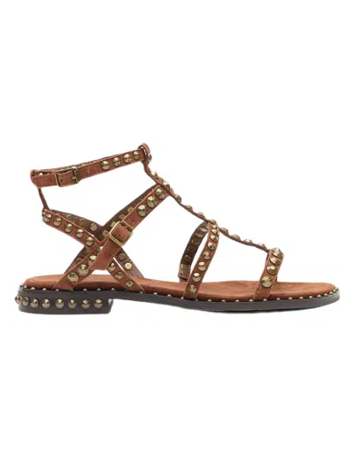 Ash Studded Flat Sandals With Ankle Strap And Cushioned Footbed In Gold