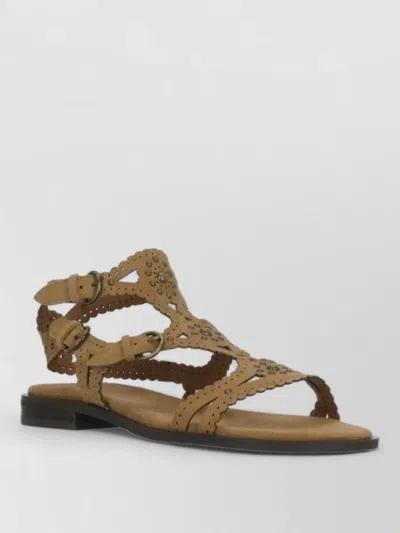 Ash Studded Suede Flat Sandals Ankle Straps In Brown