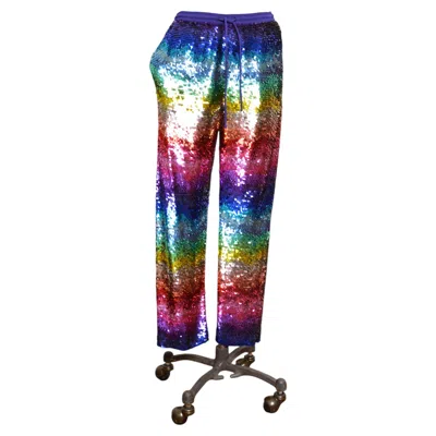 Pre-owned Ashish S/s 2015  Rainbow Sequin Hand Embellished Colourful Jogging Bottom Pants In Black