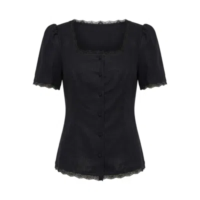Ashita Fernandes Women's Black  Tara Top – Tailored Linen Blend With Puff Sleeves & Square Neckline
