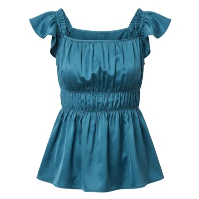Ashita Fernandes Women's Blue Gathered Neckline Top With Ruffle Sleeves And Peplum Waist In Brown
