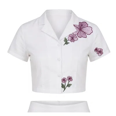 Ashita Fernandes Women's White Floral Cropped V-neck Button Down Shirt