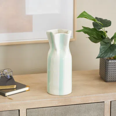 Ashley Bayberry Lane Decorative Vase With Teal Stripes In White