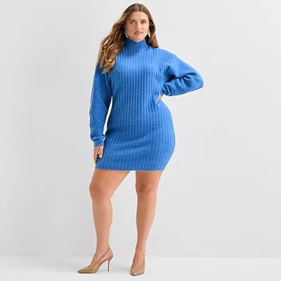 Ashley Graham Ashely Graham Women's Plus Long Sleeve Funnel Neck Sweater Dress In Blue