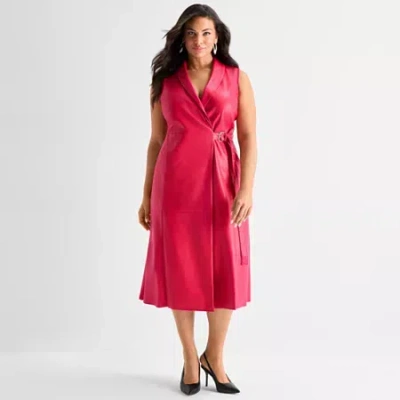 Ashley Graham Faux Leather Wrap Dress In Red