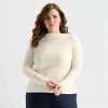 Ashley Graham Fine Rib Womens Plus Asymmetrical Neck Long Sleeve T-shirt In White