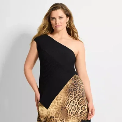 Ashley Graham Plus Womens Asymmetrical Neck Sleeveless Pullover Sweater In Black