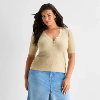 Ashley Graham Plus Womens V Neck Elbow Sleeve Pullover Sweater In Sand