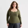 Ashley Graham Wire Notch Womens Plus Scoop Neck Long Sleeve T-shirt In Green