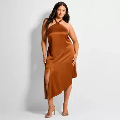 Ashley Graham Women's Plus Bead Trim Satin Midi Dress In Brown