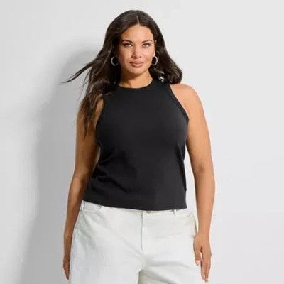 Ashley Graham Women's Plus High Neck Rib Tank In Black