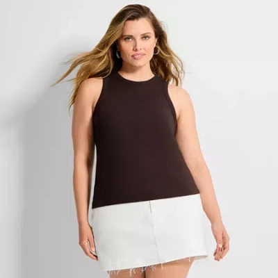 Ashley Graham Women's Plus High Neck Rib Tank In Brown