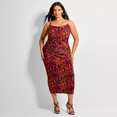 Ashley Graham Women's Plus Ruched Bodycon Midi Dress In Red