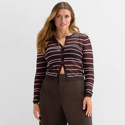 Ashley Graham Women's Plus Sheer Stripe Rib Cardigan In Black