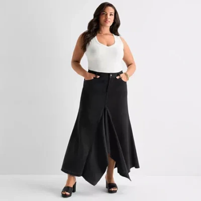 Ashley Graham Womens High Rise Long Denim Skirt In Black
