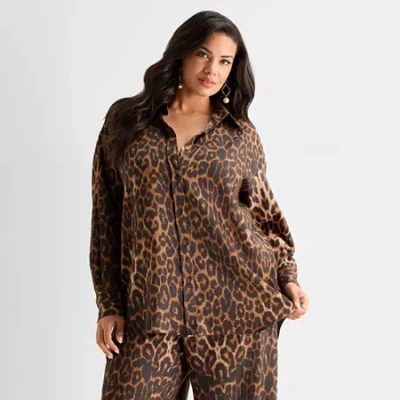 Ashley Graham Womens Long Sleeve Button-down Shirt In Brown